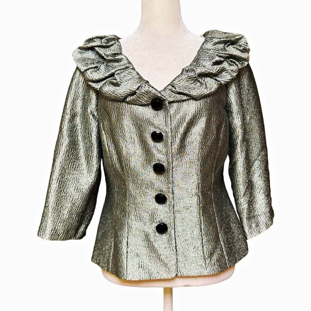 Adrianna Papell Evening Essentials Silver Ruffle Collar Button Jacket 8 3/4